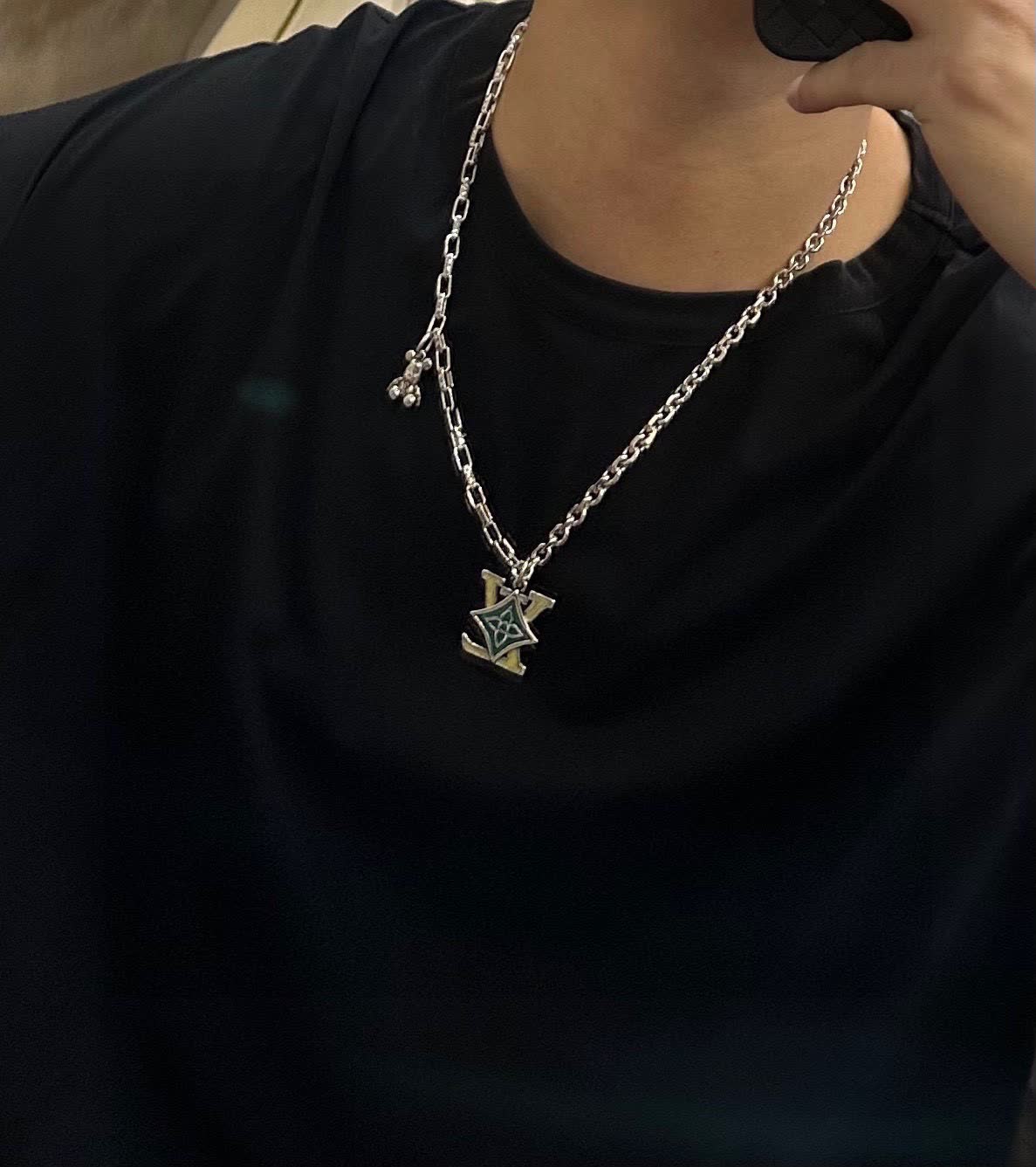 Louis Vuitton Silver Chain Necklace with LV Logo and Bear Charm
